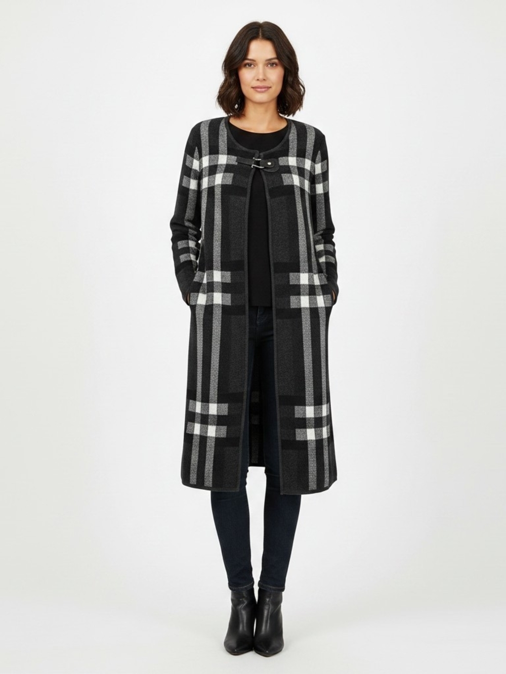 Anne Klein Plaid Long Duster Cardigan Sweater Size Medium